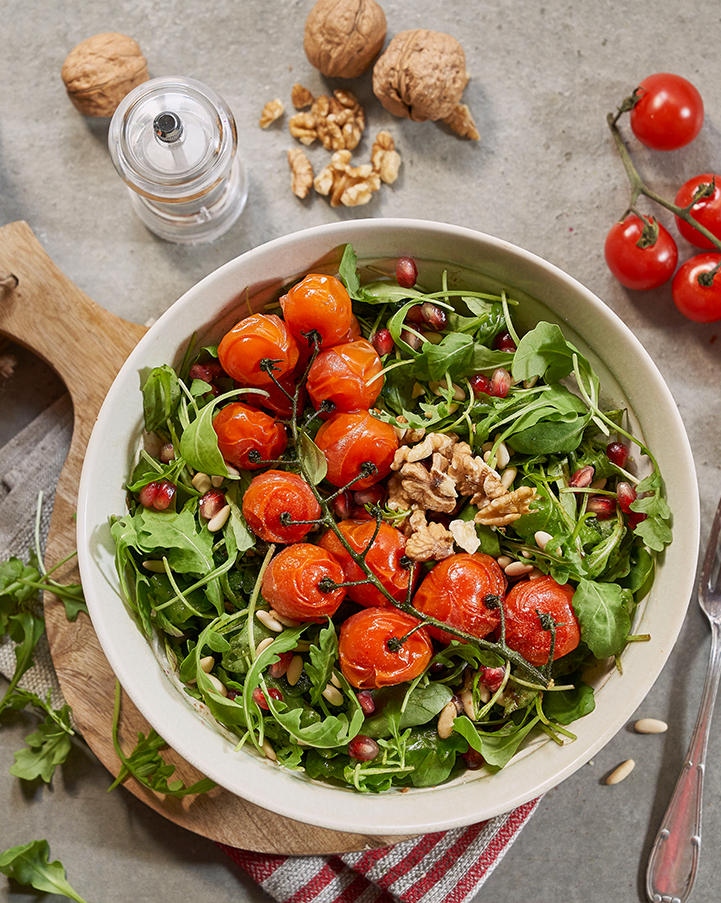 Arugula Salad with Pomegranate Vinaigrette and Nuts